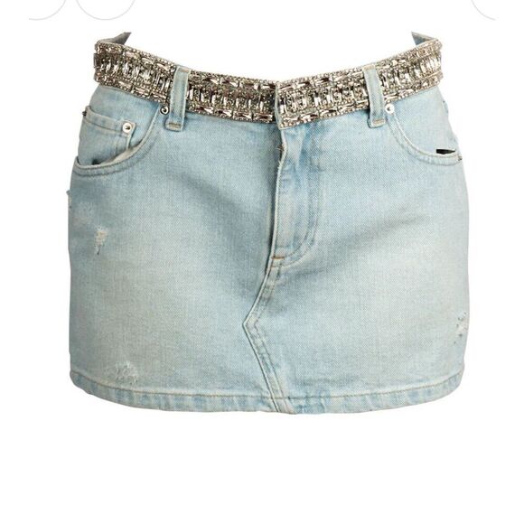 - Retrofete Women's Blue Denim Mini Skirt Size 32 Rhinestone Embellished - Picture 2 of 14